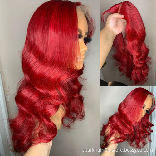 SPARK Body Wave Colored Human Hair Lace Front Wigs 180% Density HD Transparent Wig 99J Red Burgundy Remy Brazilian Wig For Women